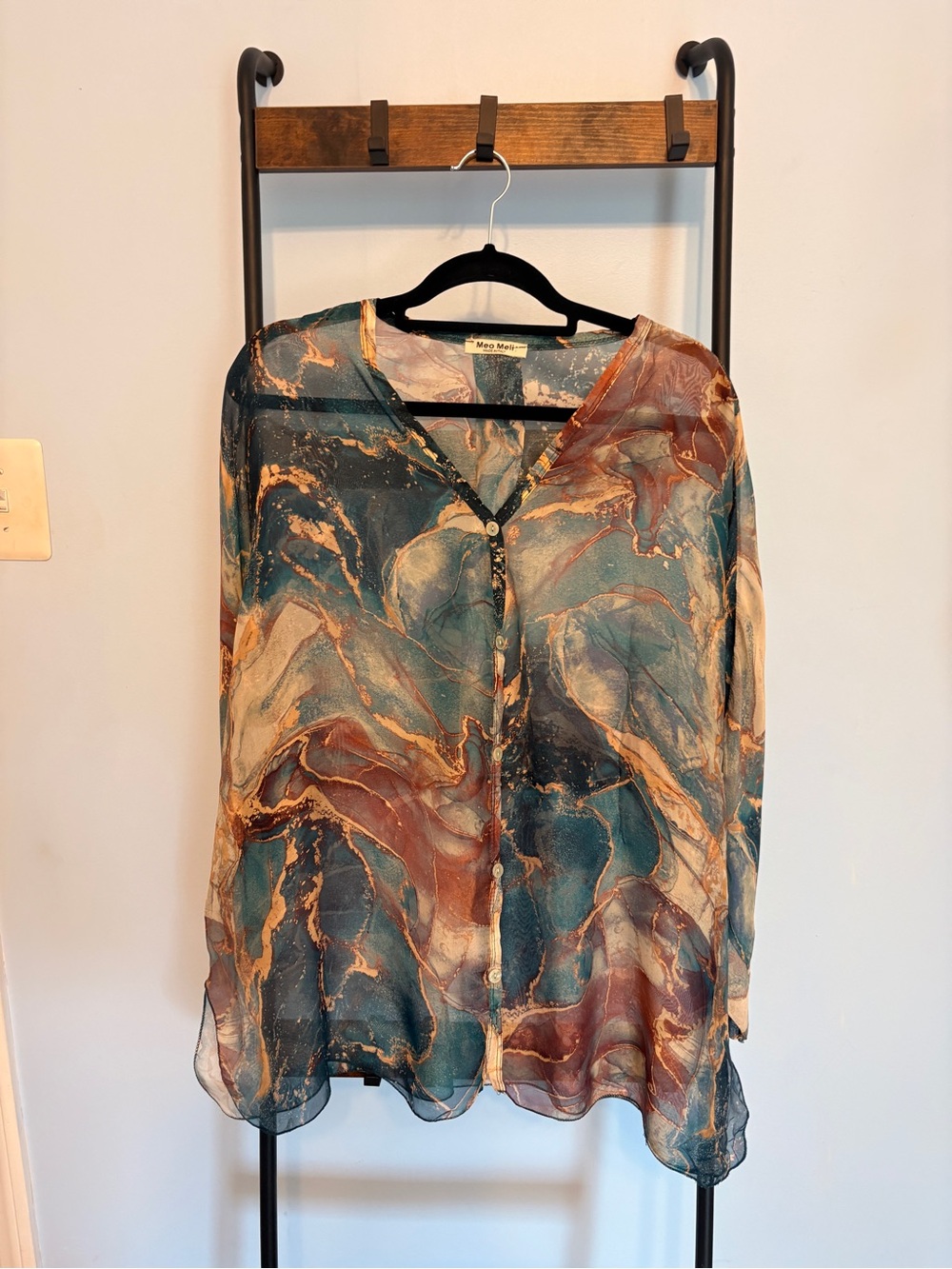 Maeve Teal, Rust and Cream Marble-Print Sheer Button Blouse